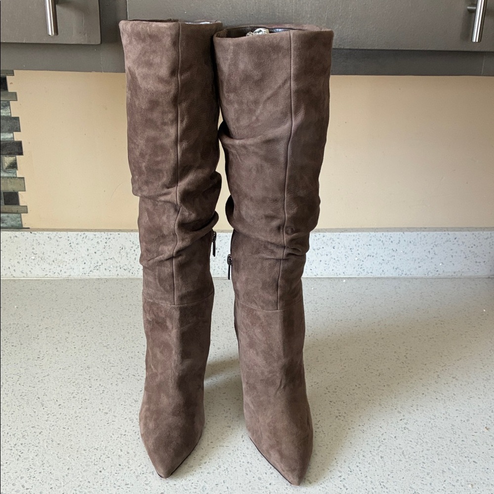 Vince Camuto Taupe Slouchy Pointed-Toe Suede Heeled Boots - Picture 2 of 14